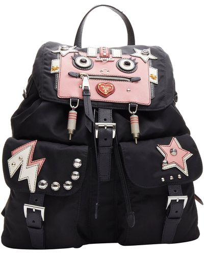 Prada Tessuto Robot Pink Saffiano Leather Patchwork Studded Nylon Backpack - Black