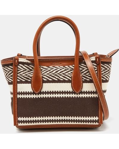 Ralph Lauren Polo /beige Embroidered Canvas And Leather Sloane Tote - Brown