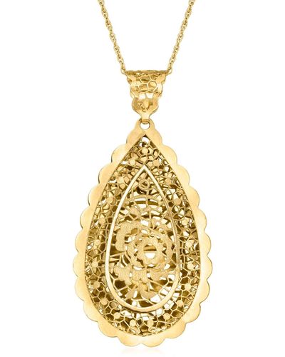Ross-Simons Italian 14kt Gold Satin And Polished Floral Lace Teardrop Pendant - Metallic