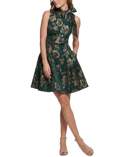 Vince Camuto Metallic Tie Neck Fit & Flare Dress - Green