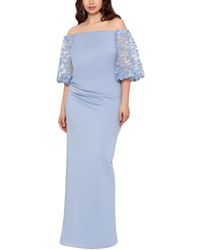 Xscape Plus Knit Off-the-shoulder Evening Dress - Blue