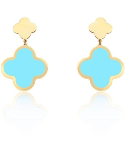 The Lovery Turquoise And Gold Clover Drop Earrings - Blue