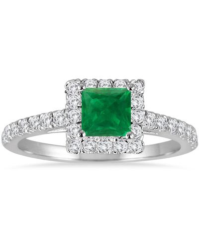 Monary 1 Carat Tw Genuine Princess Cut Emerald And Diamond Halo Engagement Ring - Green