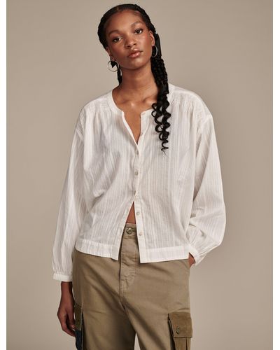 Lucky Brand Solid Dobby Smocked Detail Blouse - Natural