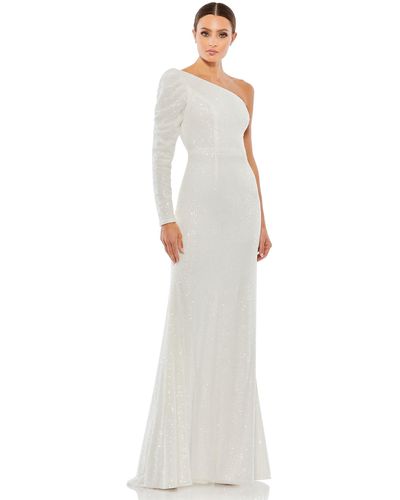 Ieena for Mac Duggal Sequined One Shoulder Trumpet Gown - White