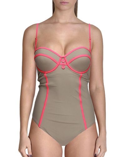 Red Carter Piped Contrast Trim One-piece Swimsuit - Natural