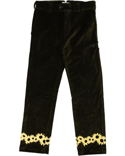 SAINTWOODS Moss Green Cotton Flower Design Casual Pants - Black