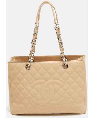 Chanel Quilted Caviar Leather Gst Shopper Tote - Natural