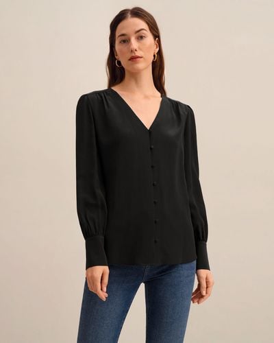 LILYSILK Mim Covered Button Silk Blouse For - Black