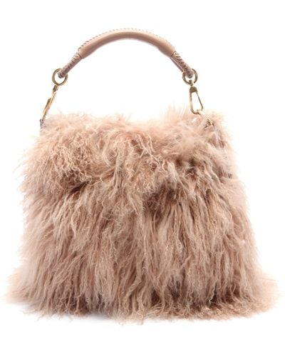 Dior One Shoulder Bag Tibetan Lamb Fur Leather Beige Cd Logo - Pink