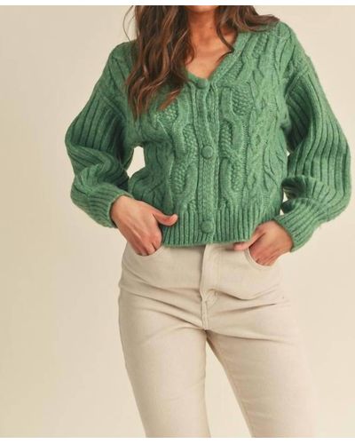 ..,merci Cable Knit Puff Sleeve Sweater Cardigan - Green