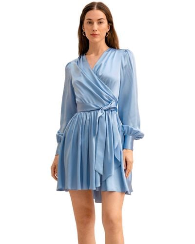 LILYSILK The Linaria V Neck Silk Wrap Dress For - Blue