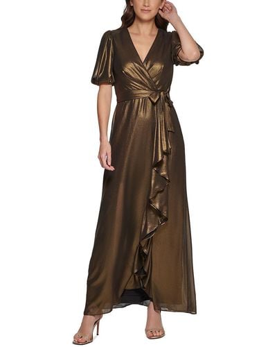 DKNY Foil Chiffon Ruffle Skirt V-neck Dress - Brown