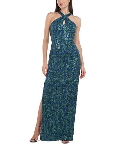 JS Collections Rita Mesh Embroidered Evening Dress - Blue