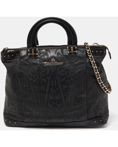 Aigner Printed Leather Studded Top Zip Tote - Black