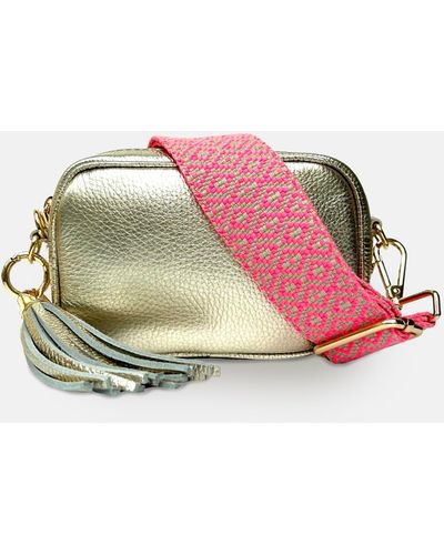 Apatchy London The Mini Tassel Gold Leather Phone Bag With Neon Pink Cross-stitch Strap - Metallic