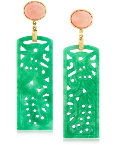 Ross-Simons Carved Green Jade And Coral Drop Earrings