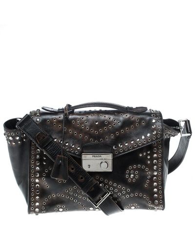 Prada Dark Vitello Vintage Leather Eyelet Crystal Embellished Top Handle Bag - Black