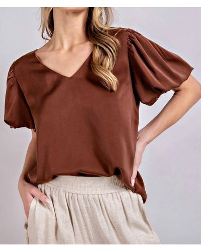 Eesome V- Neck Puff Sleeve Blouse - Brown
