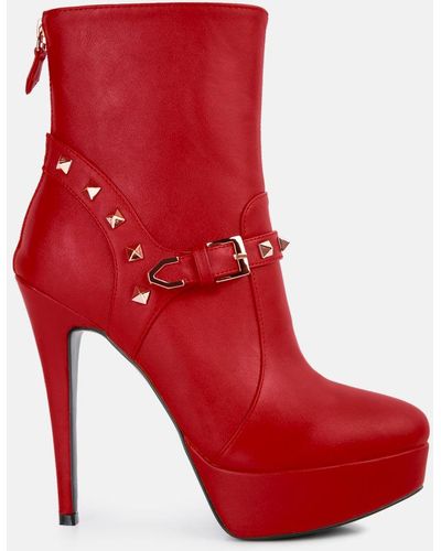 LONDON RAG Dejang Metal Stud Embellished Faux Leather Ankle Boot - Red