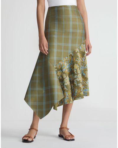 Lafayette 148 New York Collage Prints Silk Asymmetric Handkerchief Skirt - Green
