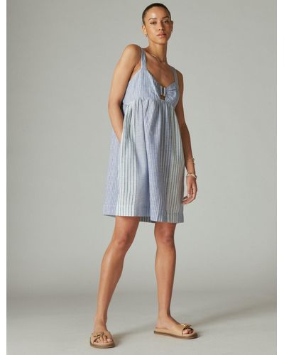 Lucky Brand Striped Linen Cutout Babydoll Dress - Gray