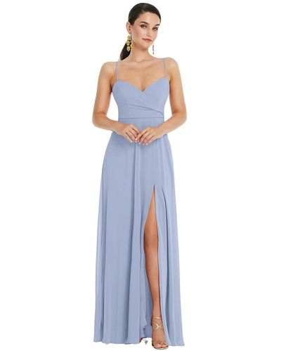 Lovely Adjustable Strap Wrap Bodice Maxi Dress With Front Slit - Blue