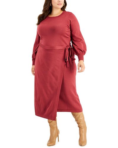 Taylor Plus Faux Wrap Long Sweaterdress - Red