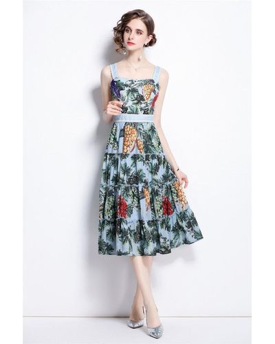 Kaimilan Color Day A-line Off The Shoulder Strap Midi Printed Ruffled Dress - Blue