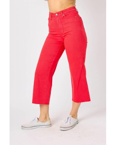 Judy Blue High Waist Garment Dyed Wide Leg Crop Jeans - Red