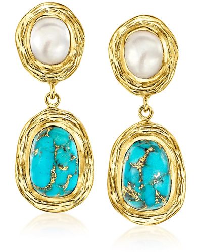 Ross-Simons Turquoise And 7x9mm Cultured Pearl Drop Earrings - Blue