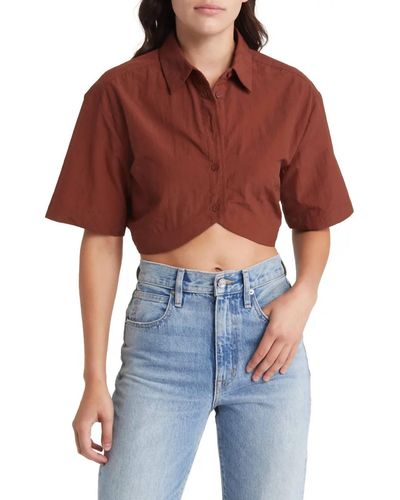 Moon River Front Button Closure Cropped Short Sleeve Shirt - Red