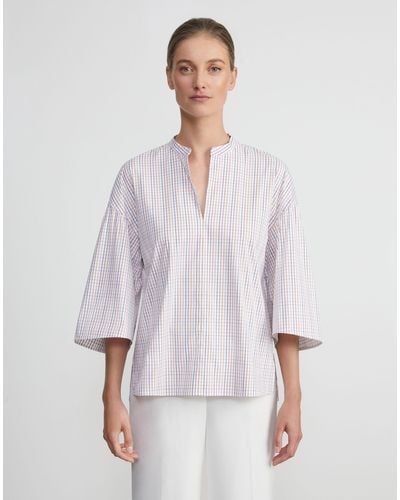 Lafayette 148 New York Tattersall Stretch Cotton Bell Sleeve Blouse - White