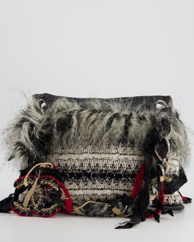 Chanel Andtweed Mini Shoulder Bag With Faux Fur Detail And Silver Hardware - Gray