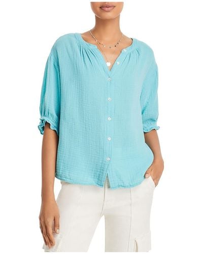 Velvet By Graham & Spencer 100% Cotton Elbow Sleeves Button-down Top - Blue