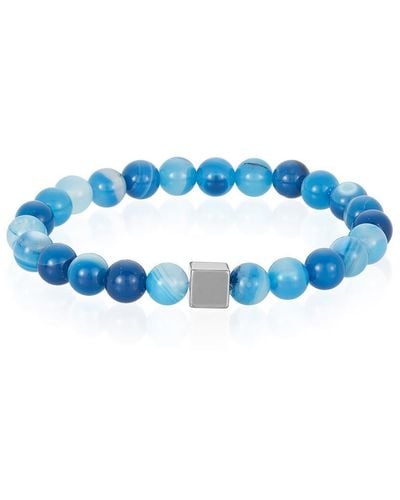 Crucible Jewelry Crucible Los Angeles 8mm Hematite Cube And Banded Agate Beads Stretch Bracelet - Blue