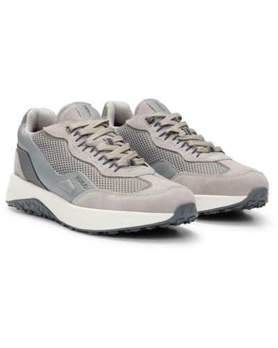 HUGO Leather Lace-up Sneakers With Mesh Trims - Gray