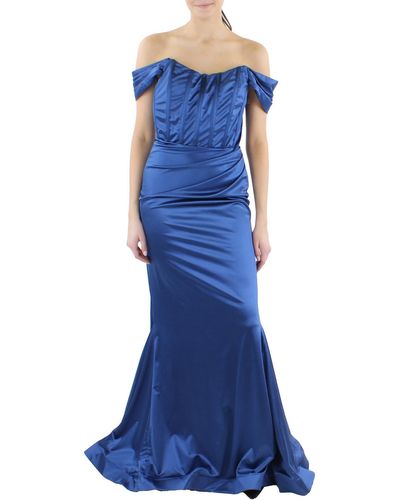 Dear Moon Juniors Satin Off-the-shoulder Evening Dress - Blue