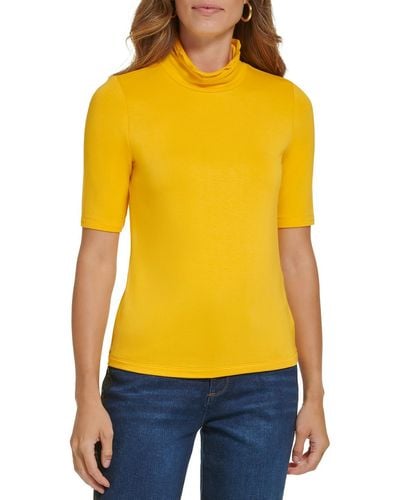 Karl Lagerfeld Scalloped Mock Neck Pullover Top - Yellow