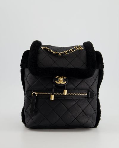 Chanel Calfskin Quilted Leather And Shearling Backpack With Brushed Gold Hardware - Black