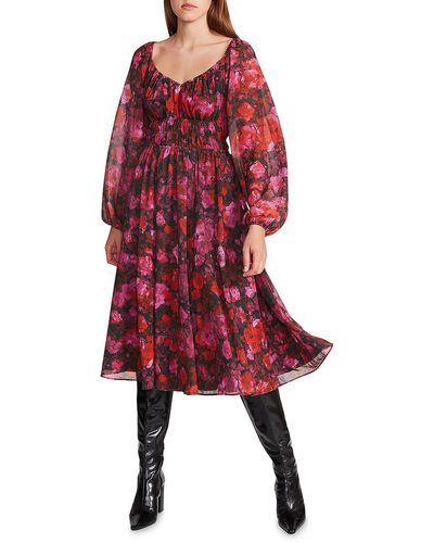 Steve Madden Laine Chiffon Floral Print Fit & Flare Dress - Red