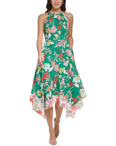 Vince Camuto Tea Length Floral Print Halter Dress - Green