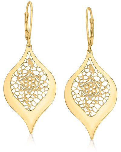 Ross-Simons Italian 14kt Gold Openwork Floral Lace Teardrop Earrings - Metallic