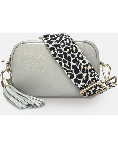 Apatchy London The Mini Tassel Light Gray Leather Phone Bag With Apricot Cheetah Strap - White