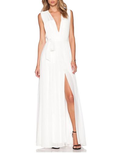L'Agence Long Deep V Pleated Dress In White