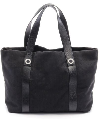 BVLGARI Logomania Handbag Tote Bag Canvas Leather - Black