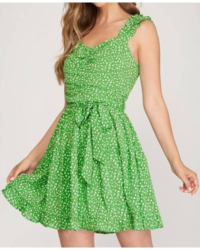 She + Sky Ruffle Sleeve Dress With Waist Sash - Green