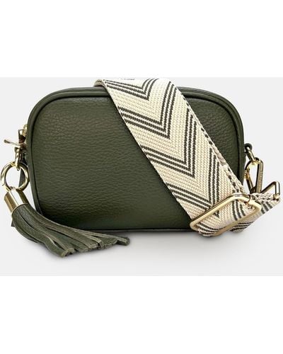 Apatchy London The Mini Tassel Olive Leather Phone Bag With Olive Arrow Strap - Green