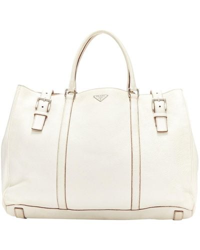 Prada Ivory Grained Leather Silver Triangle Logo Buckle Strap Tote Bag - White