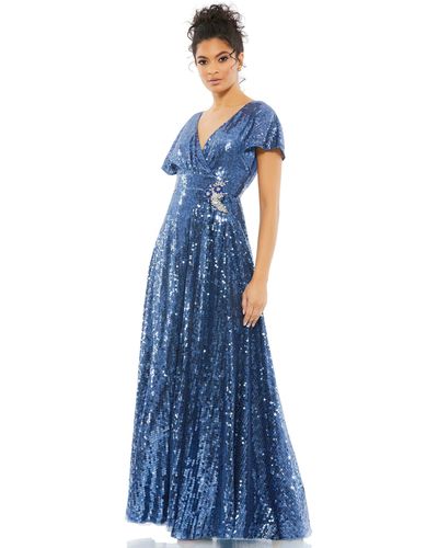 Mac Duggal Sequined Butterfly Sleeve Wrap Over A Line Gown - Blue